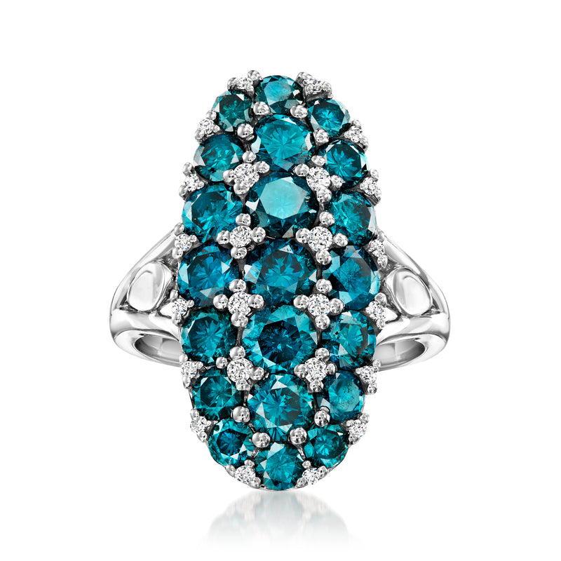 14kt white gold oval blue diamond cluster ring with white diamond halo