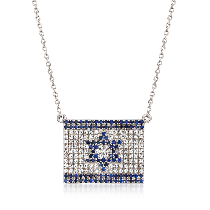 Vintage 14kt white gold Israeli flag necklace with sapphire and diamond square pendant