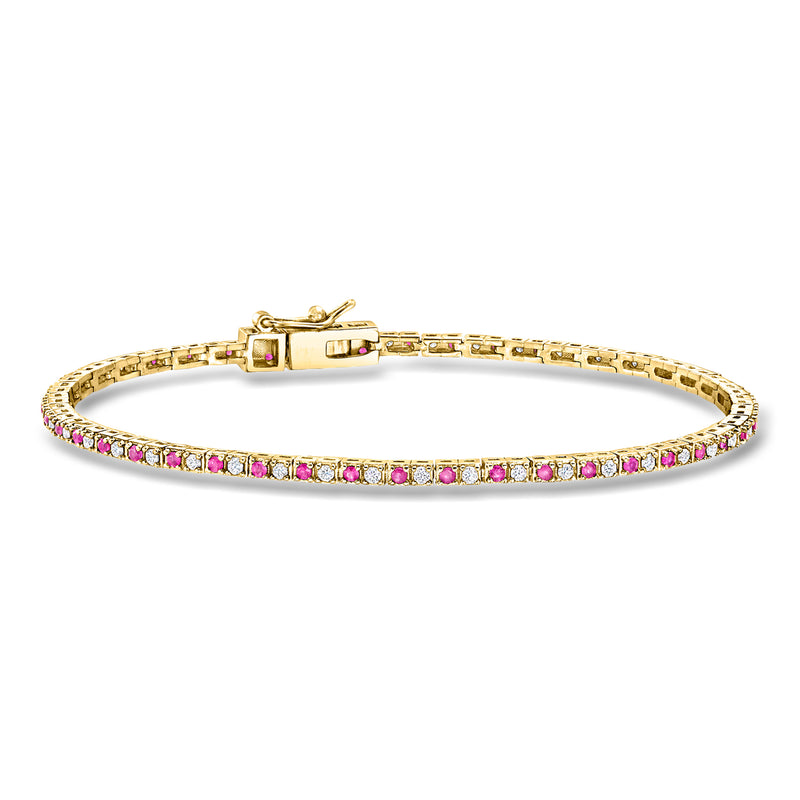 Gold tennis bracelet with pink rubies and clear lab-grown diamonds