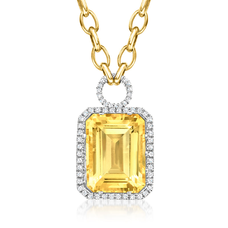 Two-tone gold necklace with rectangular citrine pendant, diamond halo, and link chain