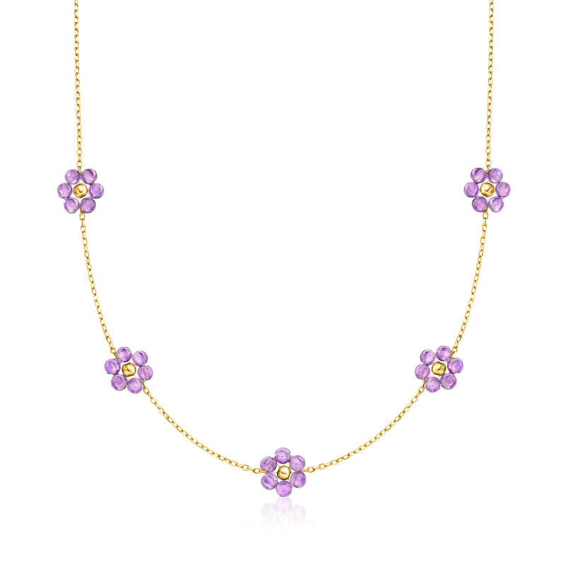 14kt yellow gold necklace with five amethyst flower stations