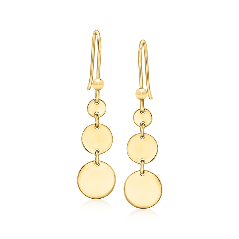 Gold over sterling graduated disc drop earrings with hook earwires, three round discs