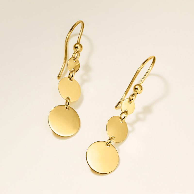 Gold over sterling graduated disc drop earrings with earwire, three dangling round discs