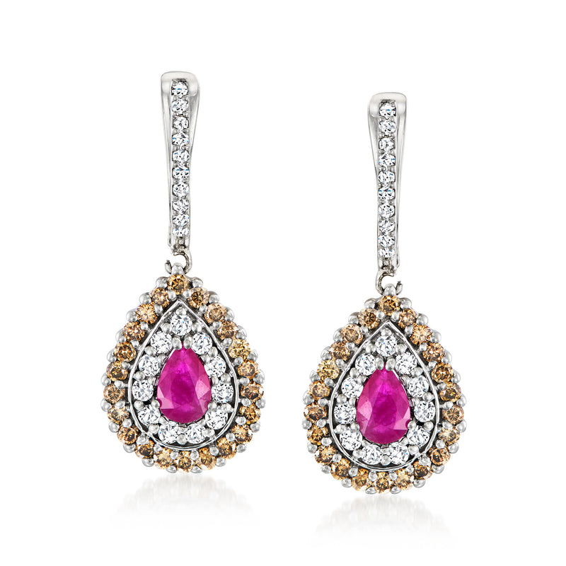 14kt white gold hoop drop earrings with pink teardrop ruby center and diamond halo