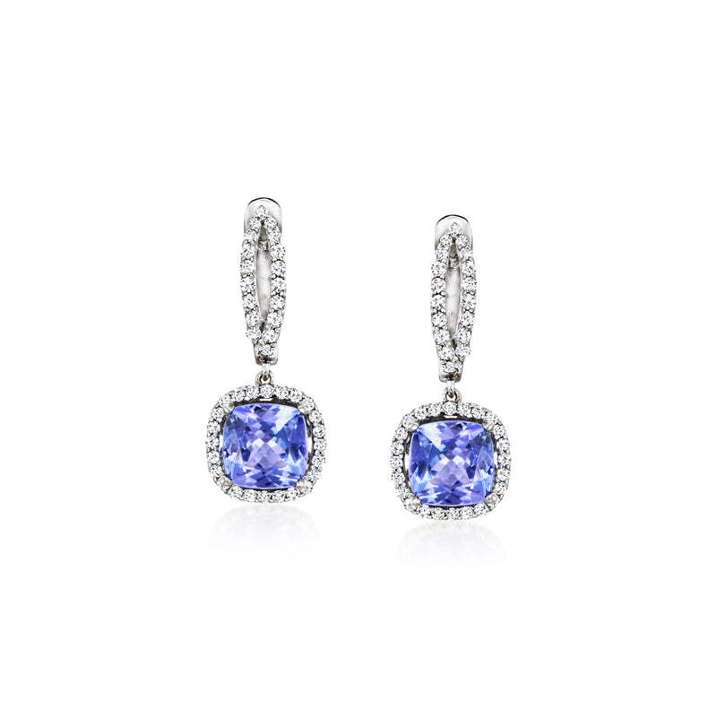 14kt white gold tanzanite hoop drop earrings with cushion-cut blue stone and diamond halo