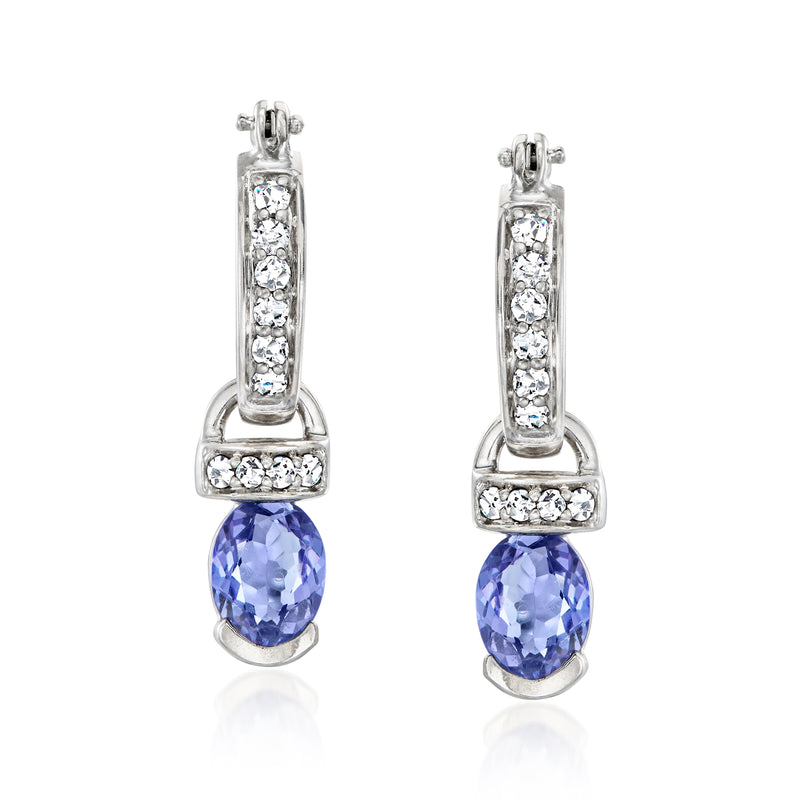 14kt white gold convertible drop earrings with blue oval tanzanite and clear diamonds