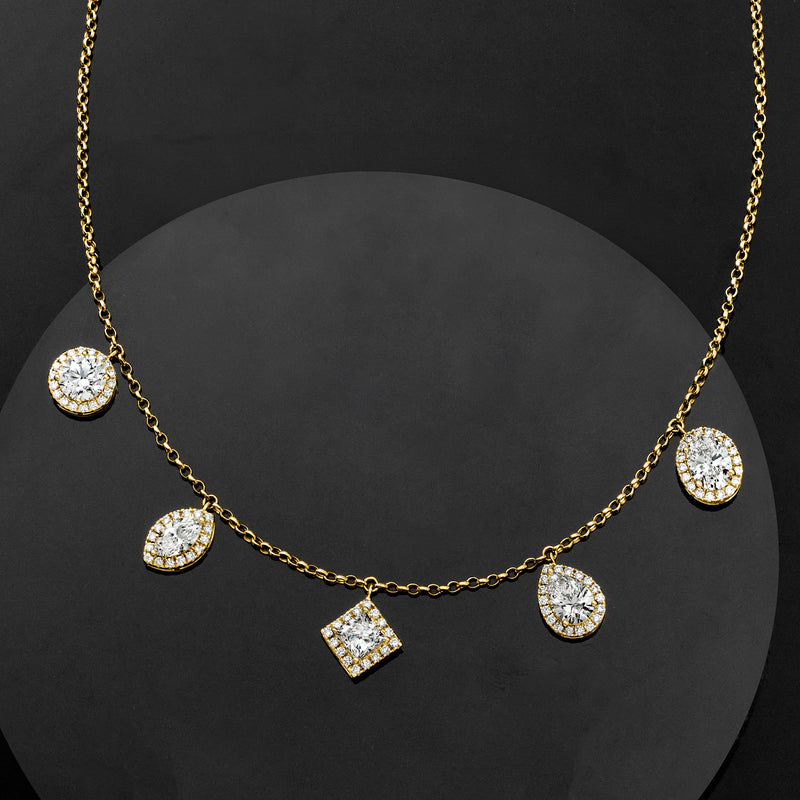14kt yellow gold diamond station necklace with mixed round and square stones