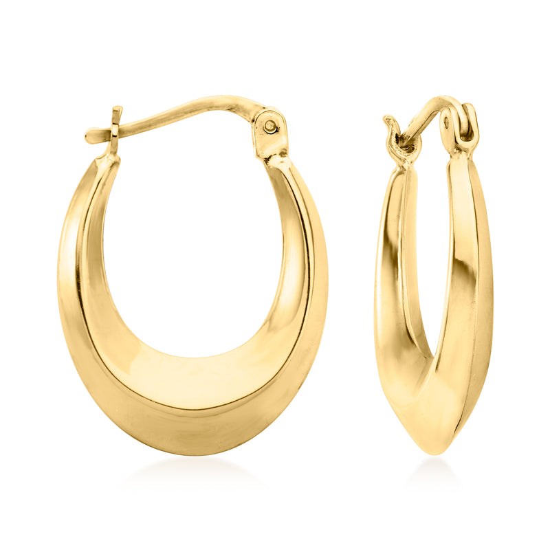 Gold oval hoop earrings with knife-edge profile and hinged clasp closure