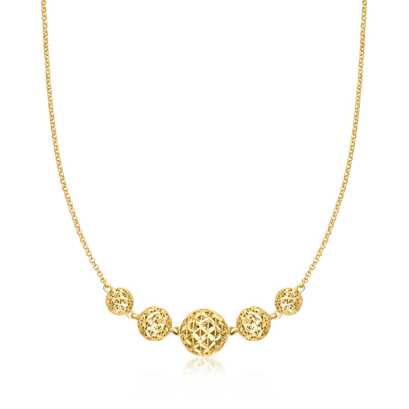 Gold-tone graduated diamond-cut bead necklace with round textured links