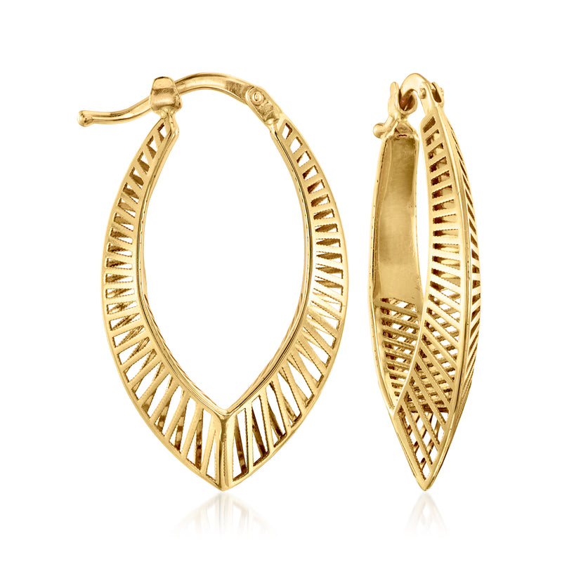 14kt yellow gold openwork marquise hoop earrings, oval cutout lattice design