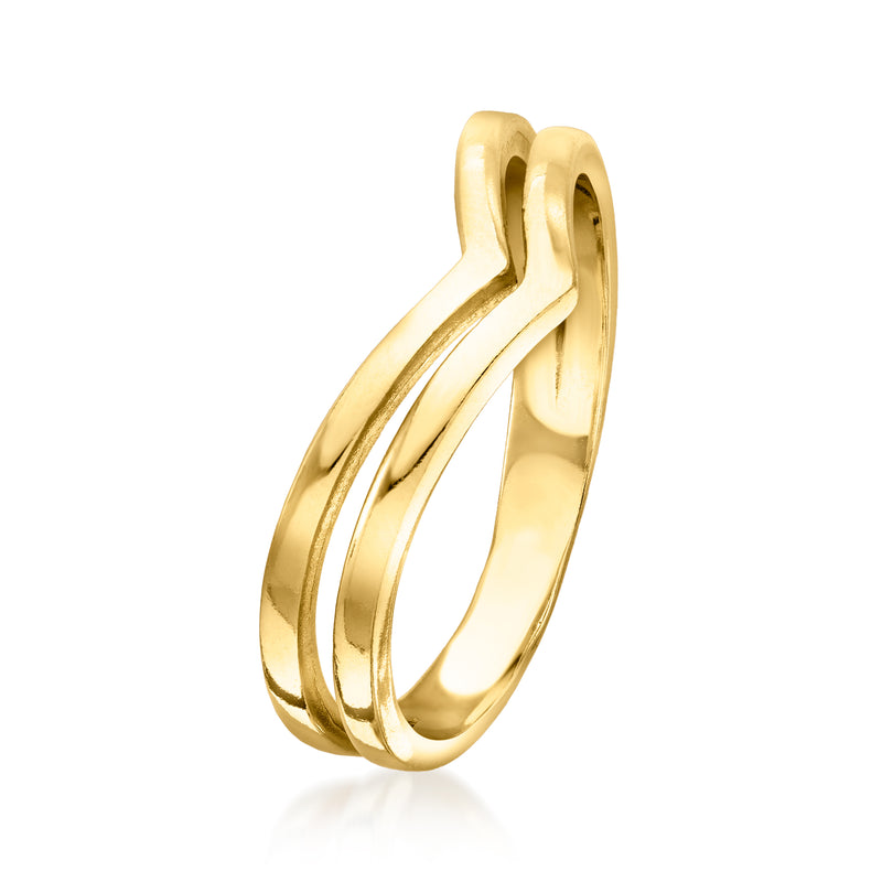 10k yellow gold double V ring, slim curved bands with V-notch detail