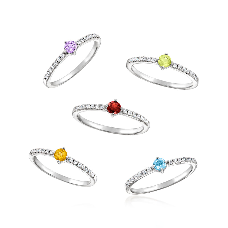 Sterling silver ring set: five bands with purple, green, red, yellow, and light-blue stones