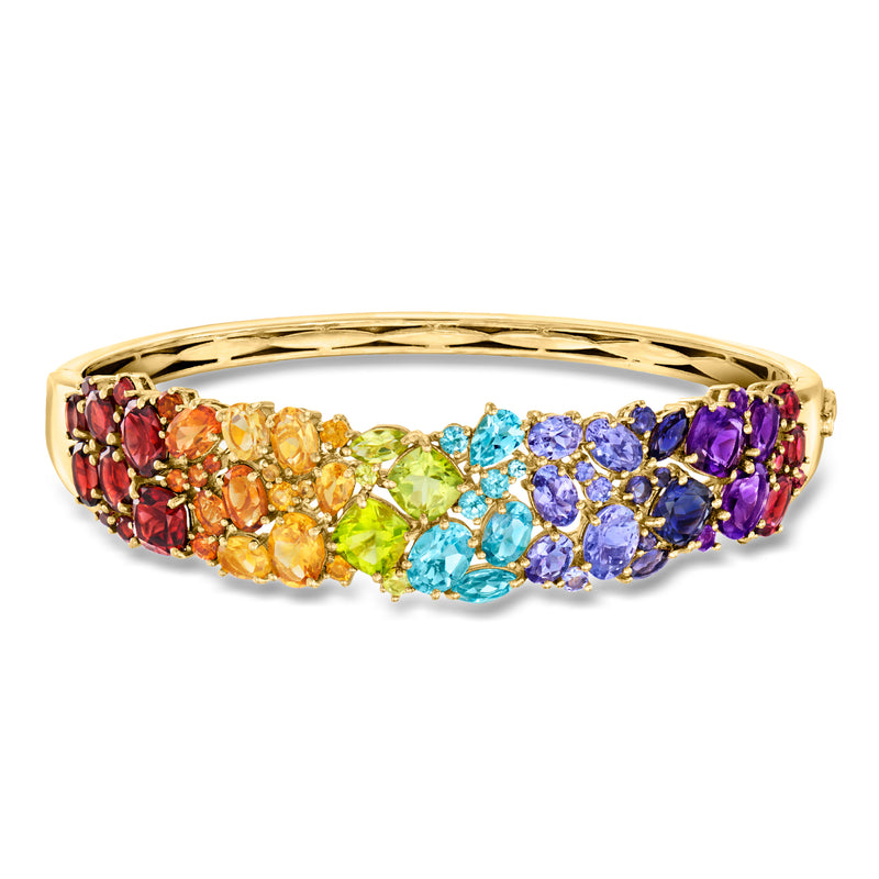 Gold-tone multi-gem bangle with colorful round stones in bezel settings