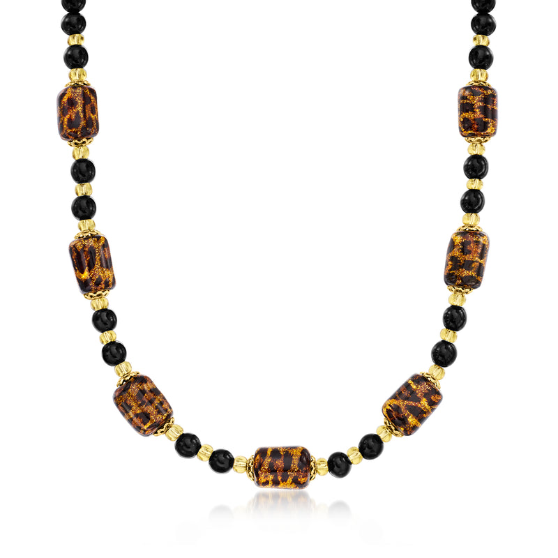 Leopard-print Murano glass bead necklace with black beads and gold-toned accents
