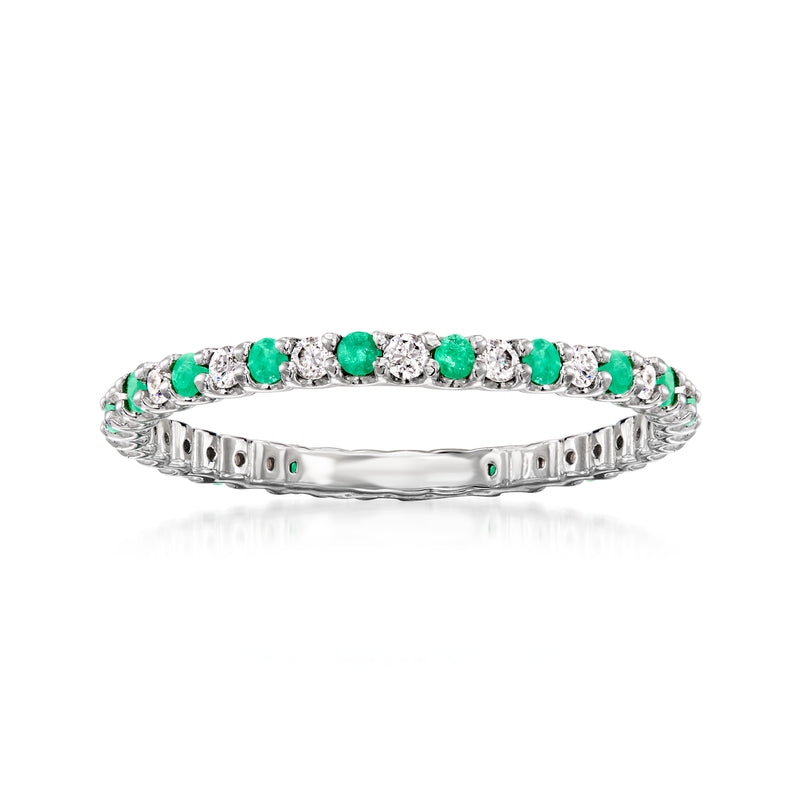 Sterling silver eternity band with green emerald and clear diamond-style stones