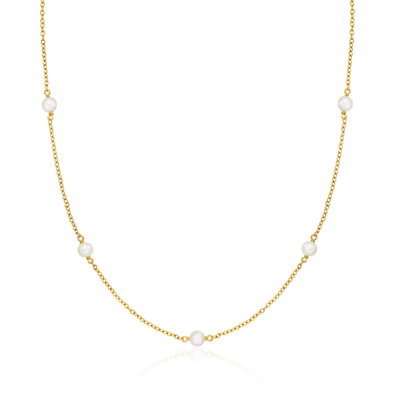 18kt yellow gold cultured pearl station necklace with five white pearls
