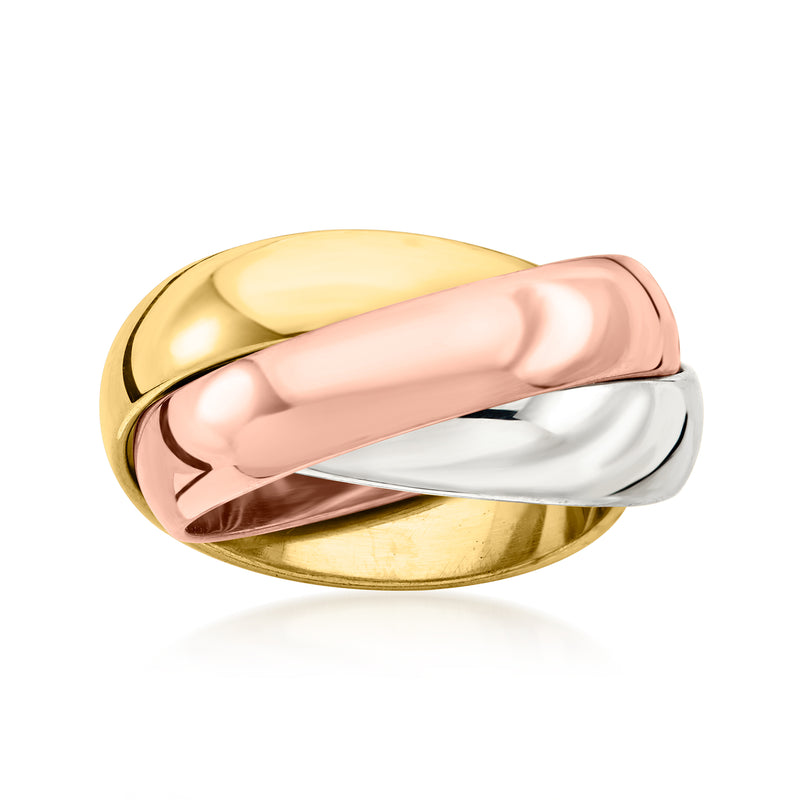 Tri-colored rolling ring in yellow, rose, and silver gold