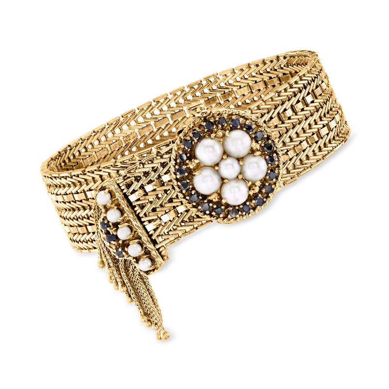 14kt yellow gold fringe bracelet with woven cuff and white pearl cluster medallion