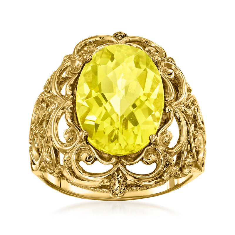 Vintage openwork ring in 14kt yellow gold with oval lemon quartz gemstone