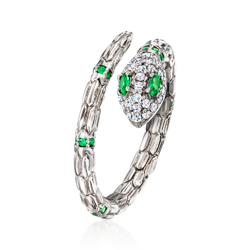 Sterling silver snake ring with simulated emeralds and CZ stones