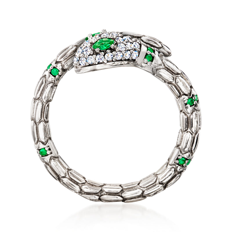 Sterling silver snake ring with green stones along the sculpted chain band