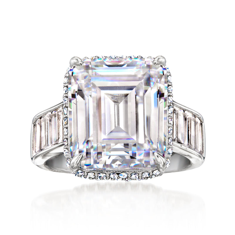 Sterling silver CZ ring with square emerald-cut center stone and baguette side stones