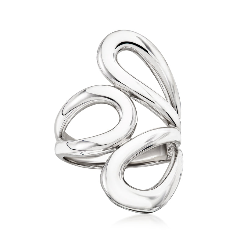 Abstract floral sterling silver ring with polished swirl and open loop design