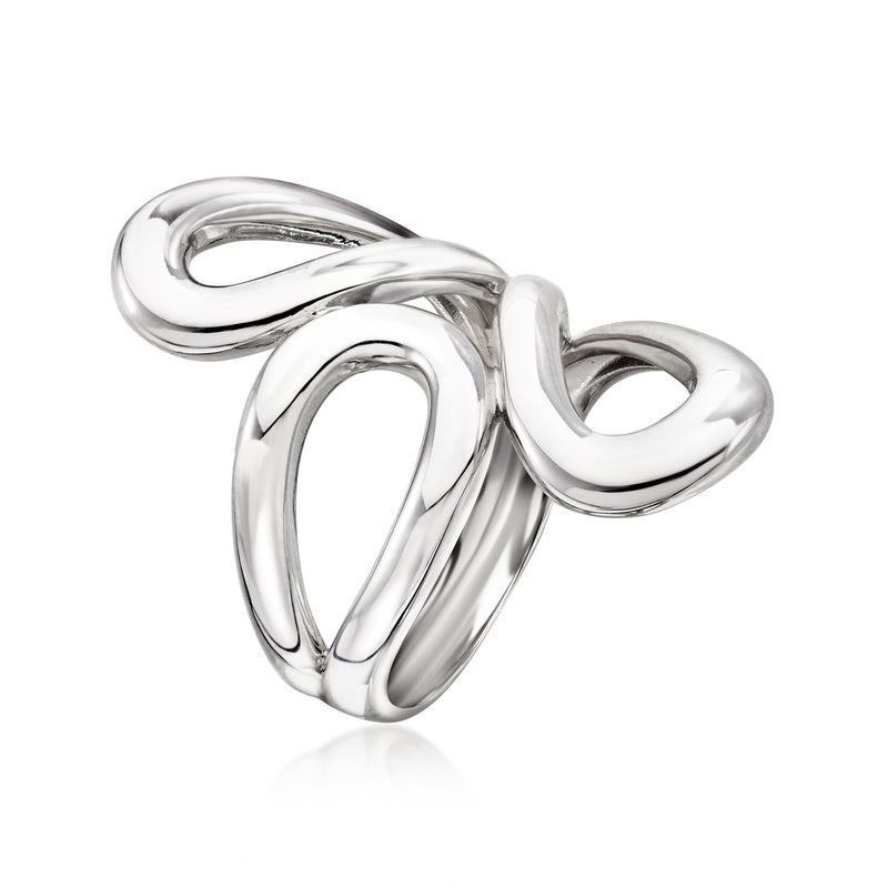 Abstract floral sterling silver ring with open teardrop and loop links, high shine