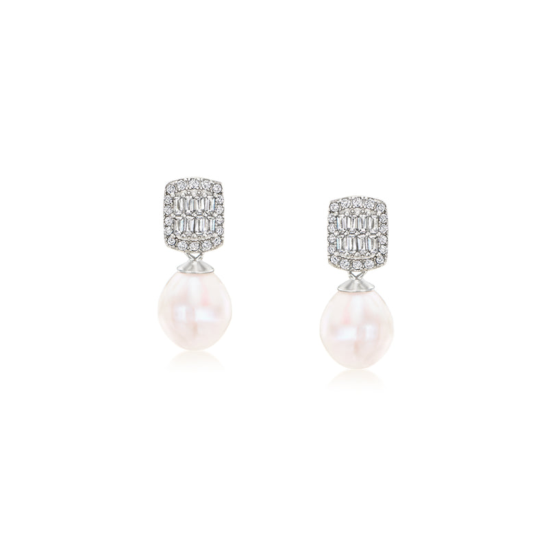 Sterling silver drop earrings with square CZ top and round white cultured pearl
