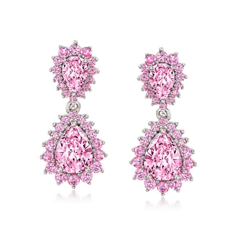 Sterling silver simulated pink sapphire drop earrings with floral halo and pear drops
