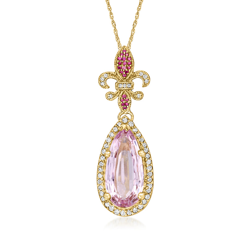 14kt yellow gold fleur-de-lis pendant necklace with pink teardrop gemstone and diamond accents