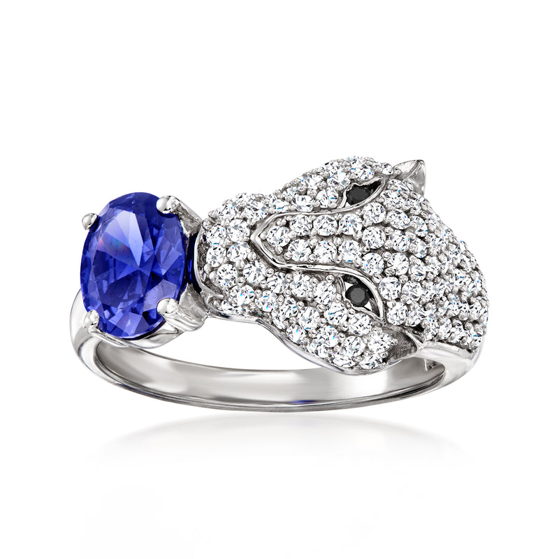 Panther ring in sterling silver with oval blue simulated tanzanite and pavé CZs