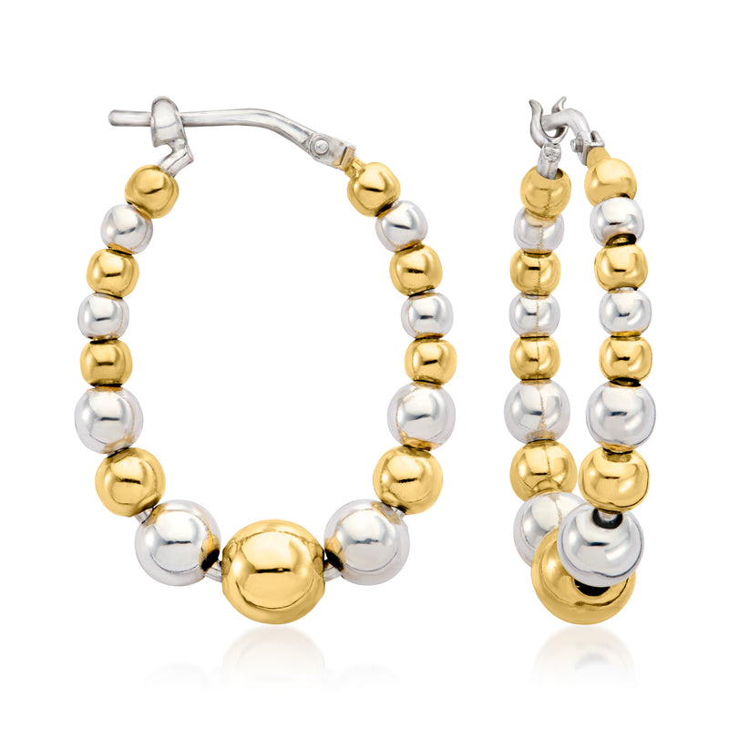 Beaded oval hoop earrings with gold and silver round beads, hinged post