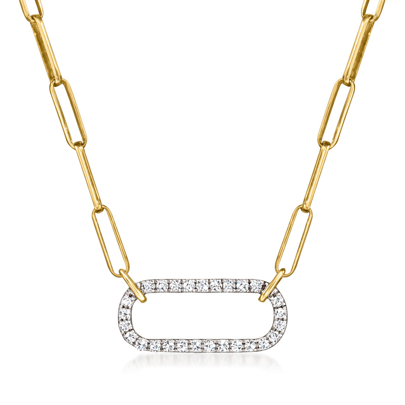Diamond paper clip link necklace with oval pendant in yellow gold