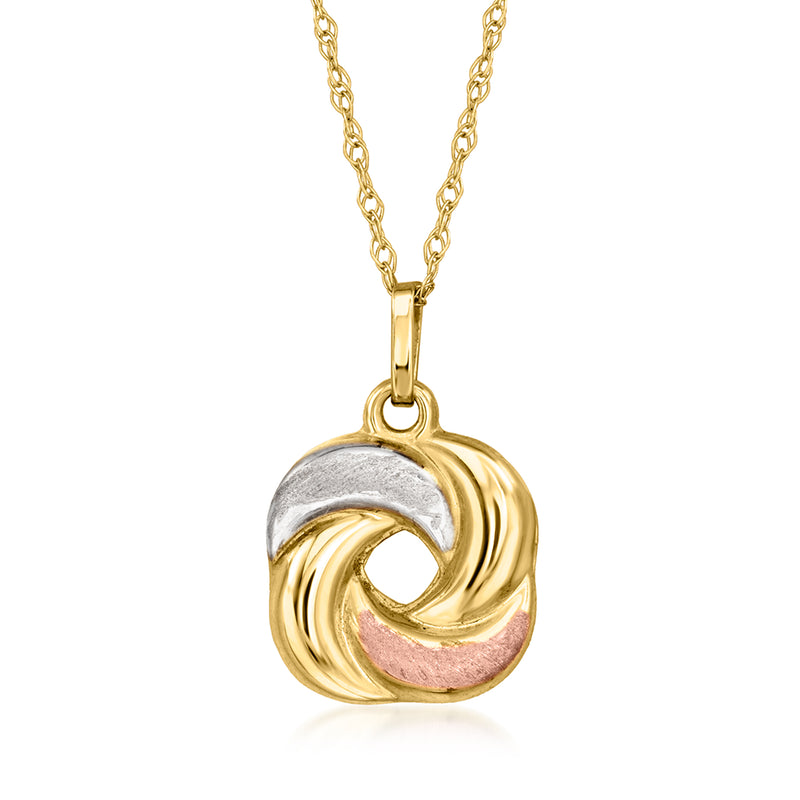 Tri-colored gold love knot pendant necklace, circular swirl with pink and white accents