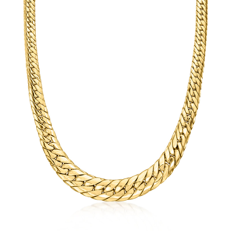 Gold-tone graduated Cuban-link chain necklace, close-up view of interlocking links