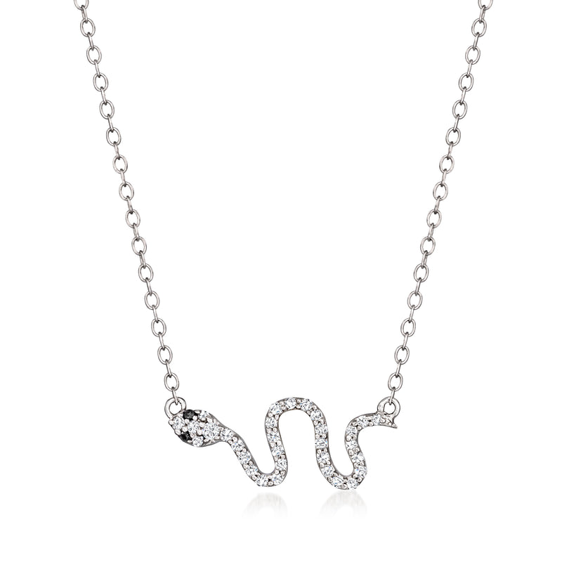 Sterling silver snake necklace with black and white diamond details