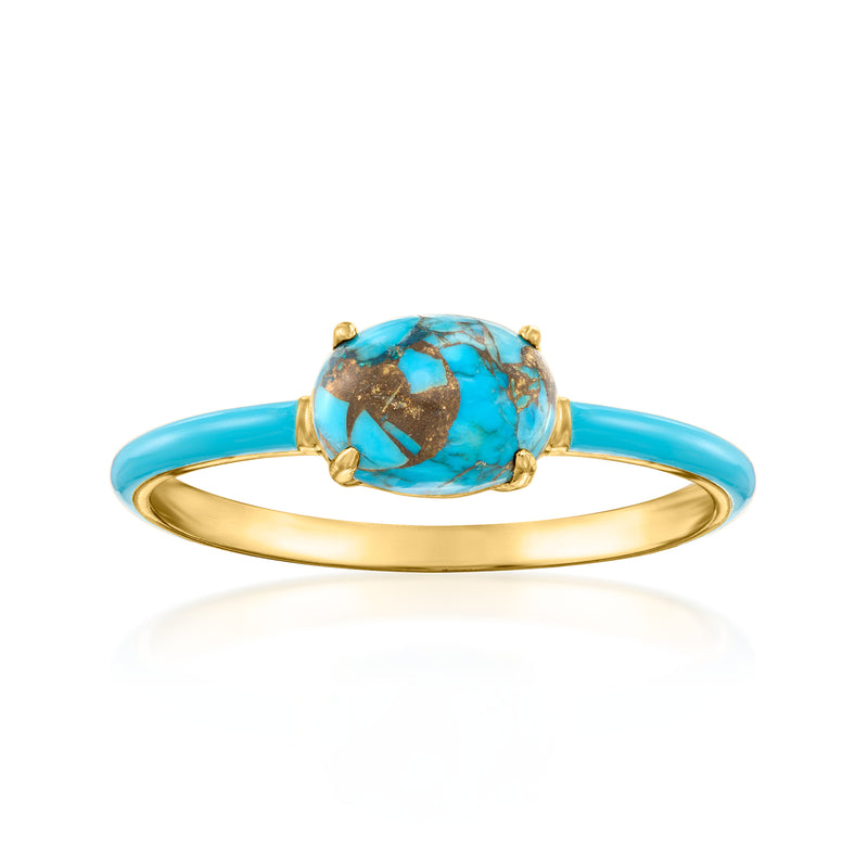 Gold-tone turquoise enamel oval ring with blue stone detail