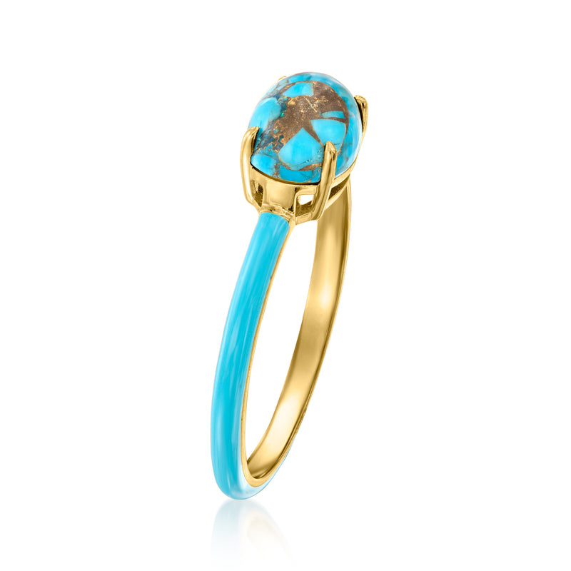 Gold-tone ring with oval turquoise enamel setting on blue enamel band