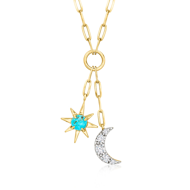 Gold drop necklace with turquoise star charm and glittering white moon crescent, link chain