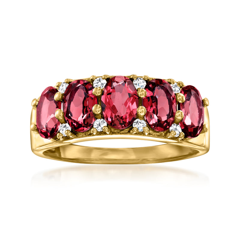 18kt gold over sterling ring with three oval rhodolite garnets and white zircon accents