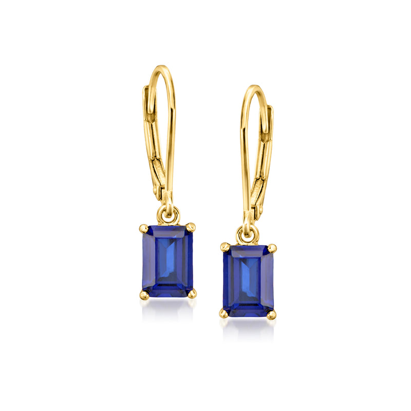 Gold drop earrings with blue sapphire-style rectangular stones and leverback closures