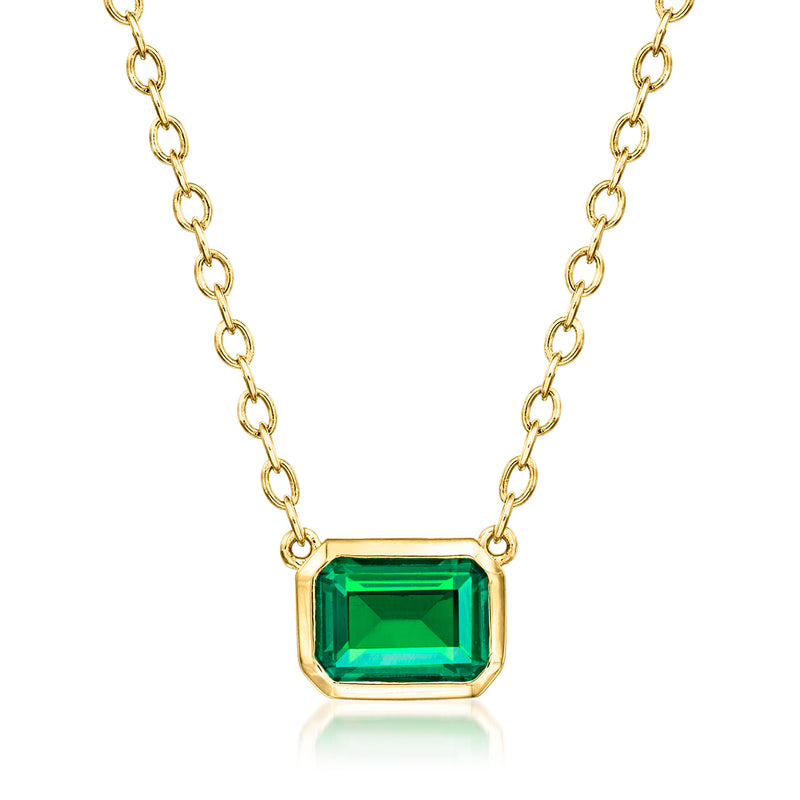 Gold link necklace with rectangular emerald-cut green gemstone pendant