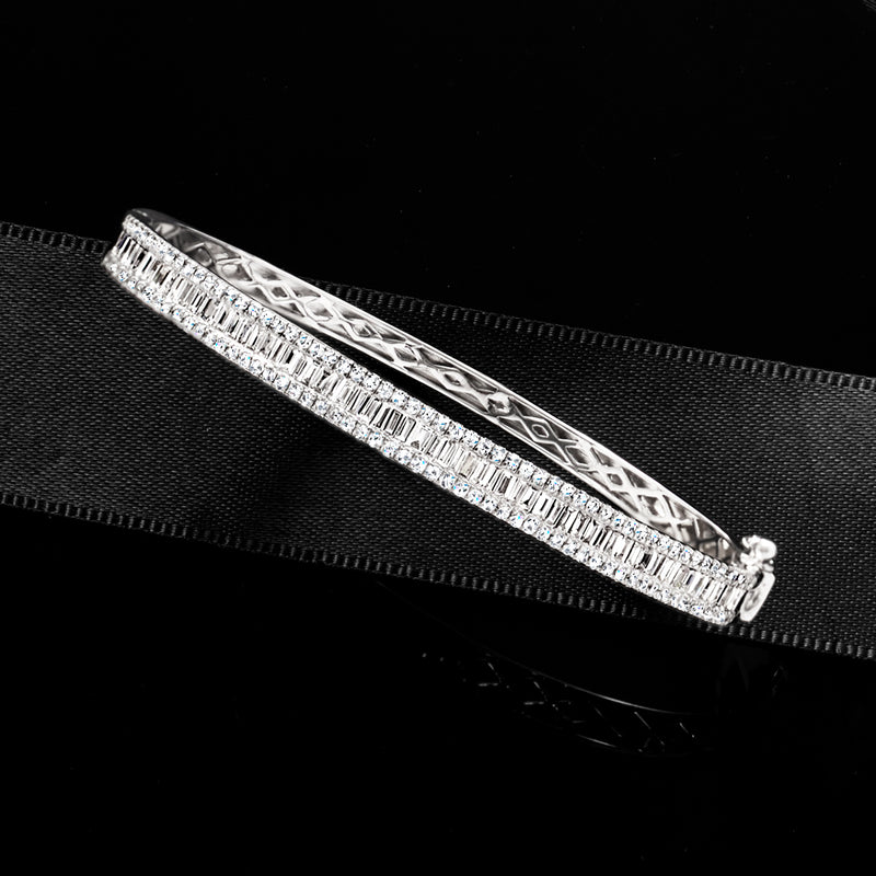 Sterling silver bangle bracelet with round and baguette lab-grown diamonds