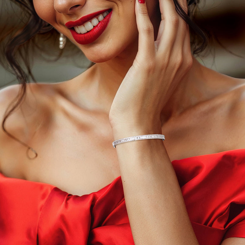 Sterling silver lab-grown diamond bangle bracelet with round and baguette stones
