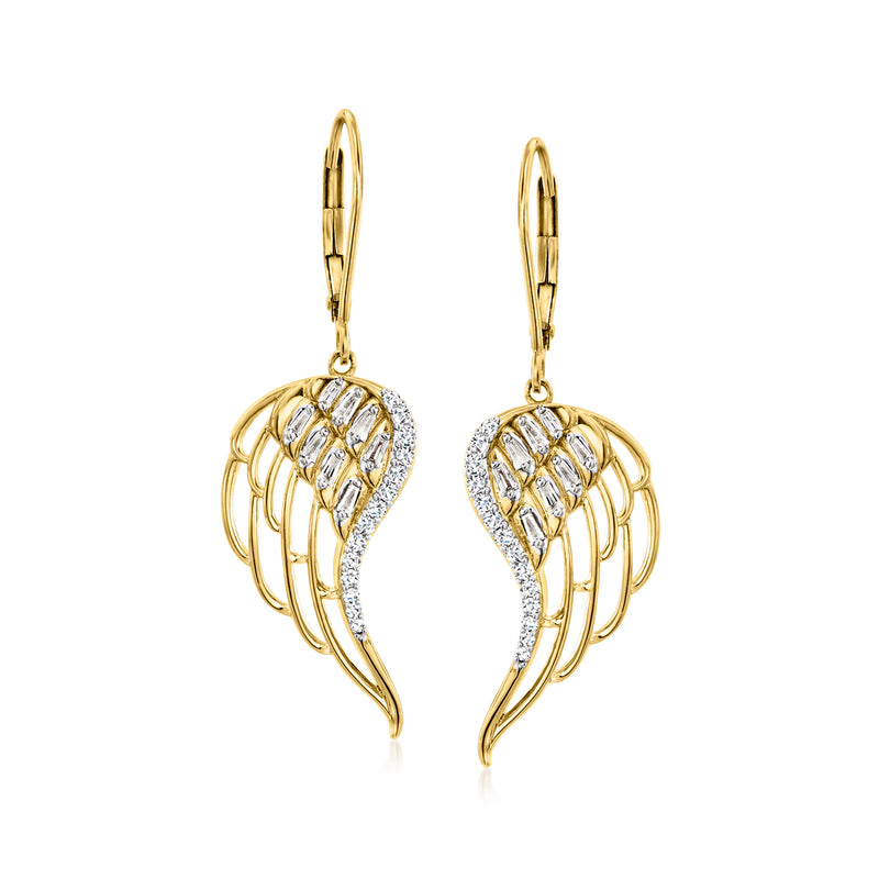 18kt gold over sterling angel wing drop earrings with clear stone accents, leverback
