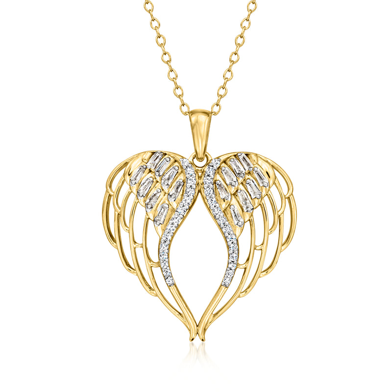 Gold-tone angel wings heart pendant necklace with diamond-like pave stones