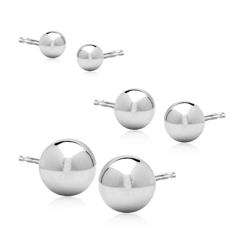 Sterling silver ball stud earring set with three pairs of round bead studs