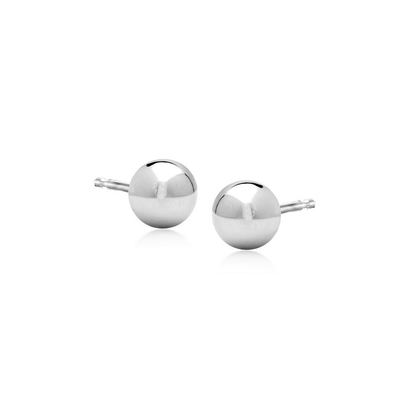 Sterling silver round ball stud earrings with reflective finish and straight posts