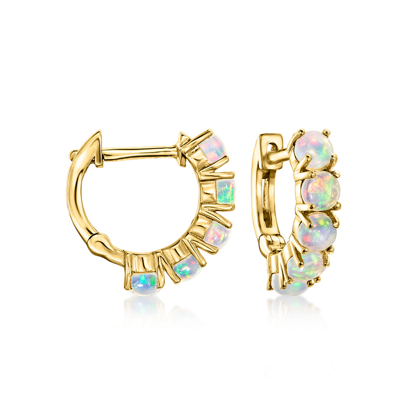 14kt yellow gold opal huggie hoop earrings with multicolor opal stones
